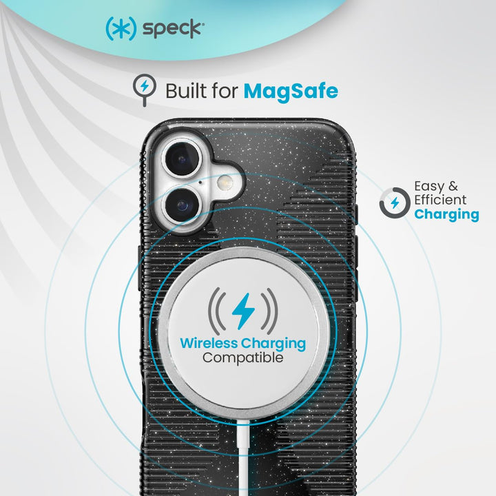 Speck CandyShell Grip iPhone 16 Case - Slim MagSafe - Black Glitter/Steel Black Retail $39.95