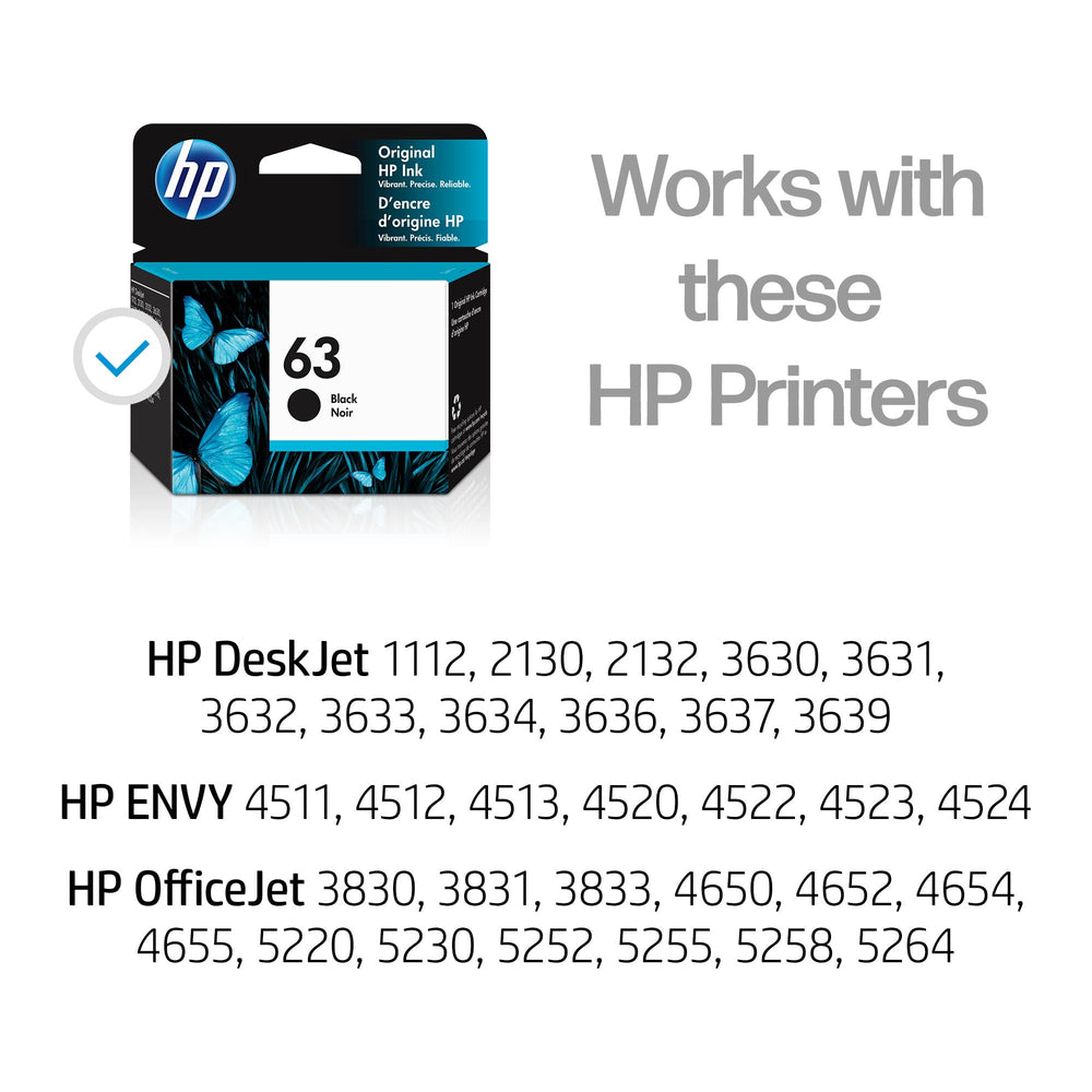 HP 63 Black Ink Cartridge | Works with DeskJet 1112, 2130, 3630; Envy 4510, 4520; OfficeJet 3830, 4650, 5200 Series | Eligible for Instant Ink | F6U62AN Retail $28.99