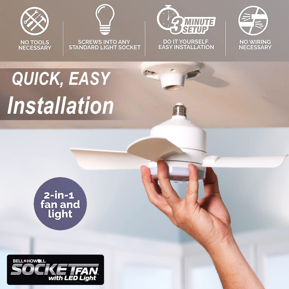 Bell+Howell Socket Breeze Modern Ceiling Fans with LED Lights, 10" LED E26/E27 Screw Base Mini Light Socket Fan with Cord for Bedroom, Living Room, Kitchen, Balcony Retail $51.95
