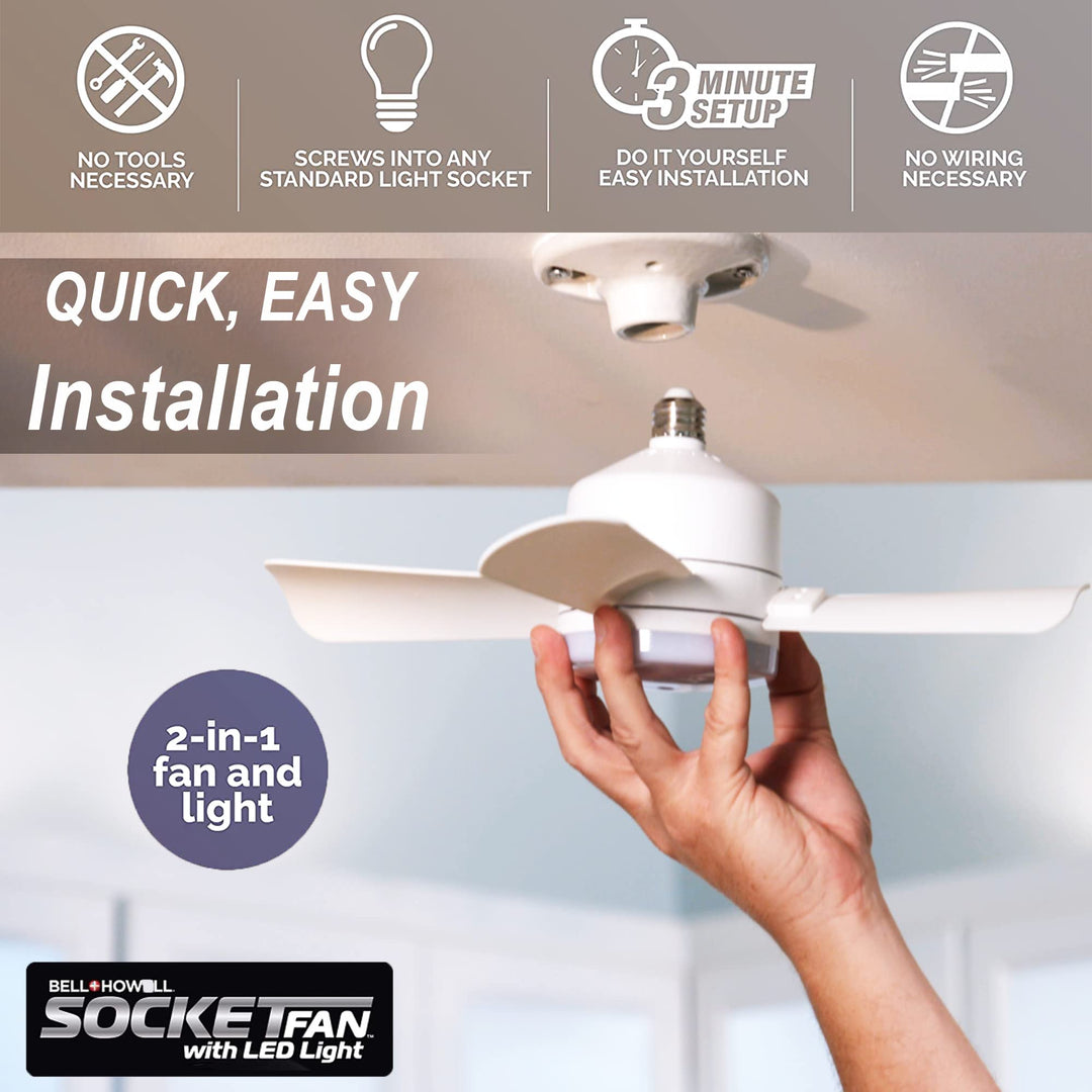 Bell+Howell Socket Breeze Modern Ceiling Fans with LED Lights, 10" LED E26/E27 Screw Base Mini Light Socket Fan with Cord for Bedroom, Living Room, Kitchen, Balcony Retail $51.95