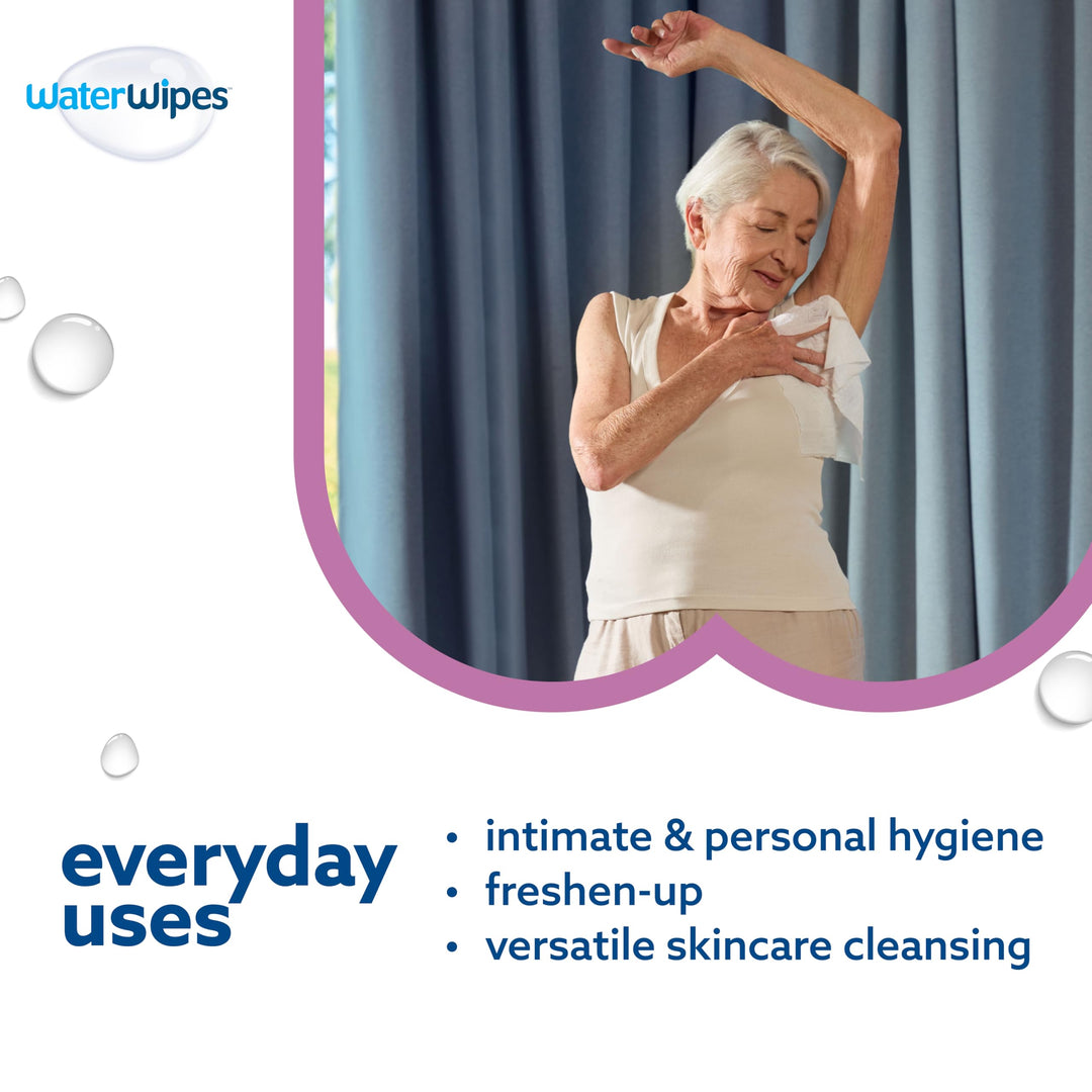 WaterWipes Sensitive+ Body & Intimate Wipes, 3-In-1 Cleans, Cares, Protects, 99.9% Water, Unscented & Hypoallergenic Hygiene Wet Wipes, Adult Care,180 Wipes (6 Packs)