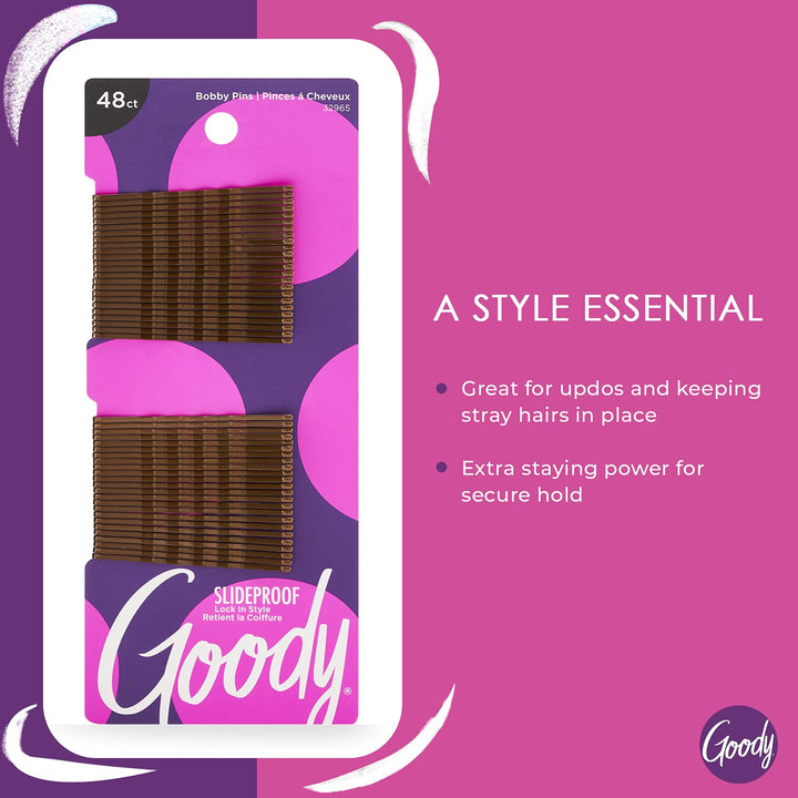 Goody SlideProof Bobby Pins, 48 Ct, Brunette Brown, High Gloss Bobby Hair Pins for Styling, Lock In Style, Comfortable, Pain-Free Styling Accessories for Women & Men, All Hair Types