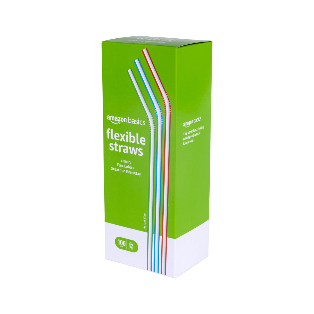 Amazon Basics Disposable Striped Plastic Flex Straws, 7.5" Long, Assorted Colors, 100 Count, Large Pack Retail $1.84