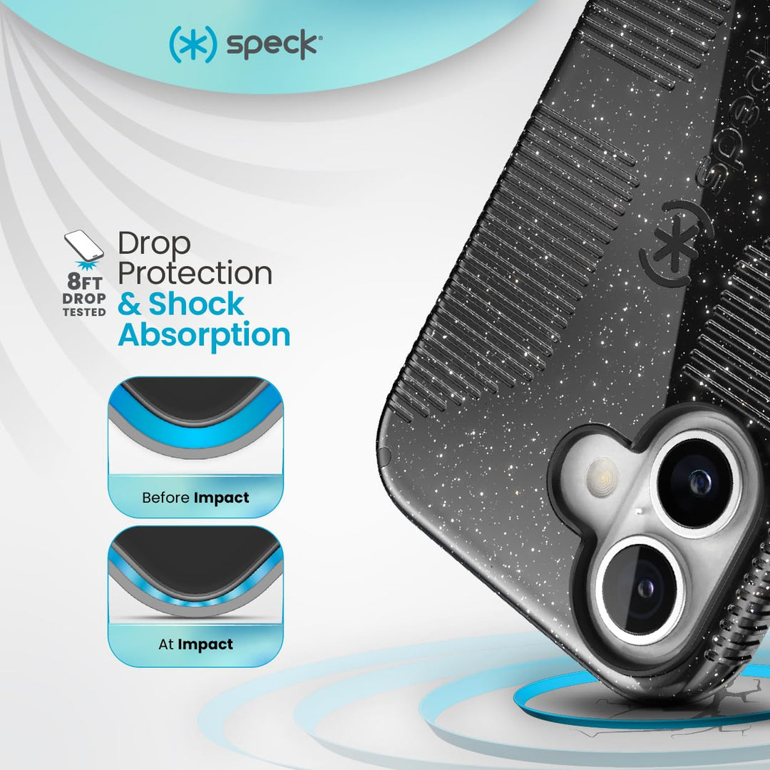 Speck CandyShell Grip iPhone 16 Case - Slim MagSafe - Black Glitter/Steel Black Retail $39.95