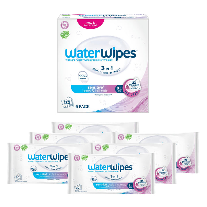 WaterWipes Sensitive+ Body & Intimate Wipes, 3-In-1 Cleans, Cares, Protects, 99.9% Water, Unscented & Hypoallergenic Hygiene Wet Wipes, Adult Care,180 Wipes (6 Packs)