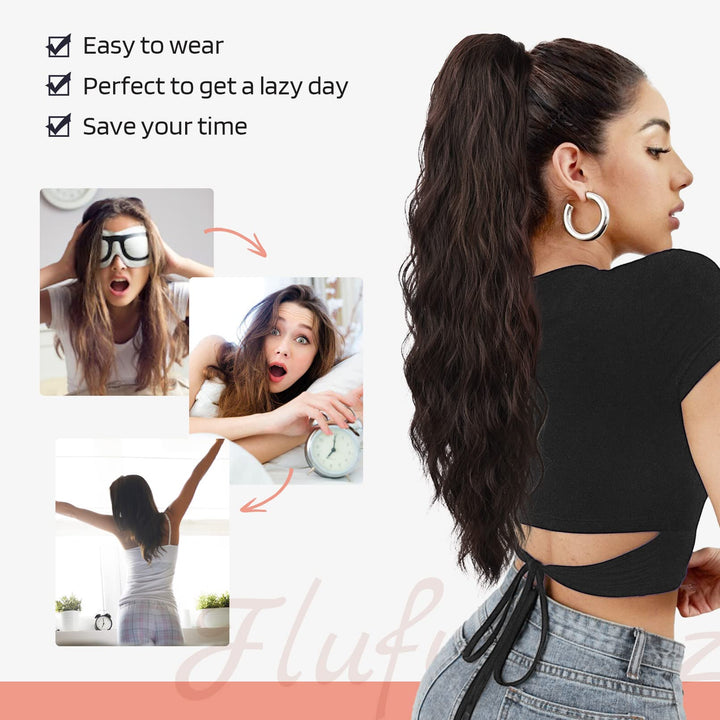 FLUFYMOOZ Ponytail Extension, 26 Inch Drawstring Ponytail Hair Extensions for Women, Long Curly Wavy Ponytail Natural Wavy Synthetic Hairpiece for Women (26 Inch Brown with Auburn)