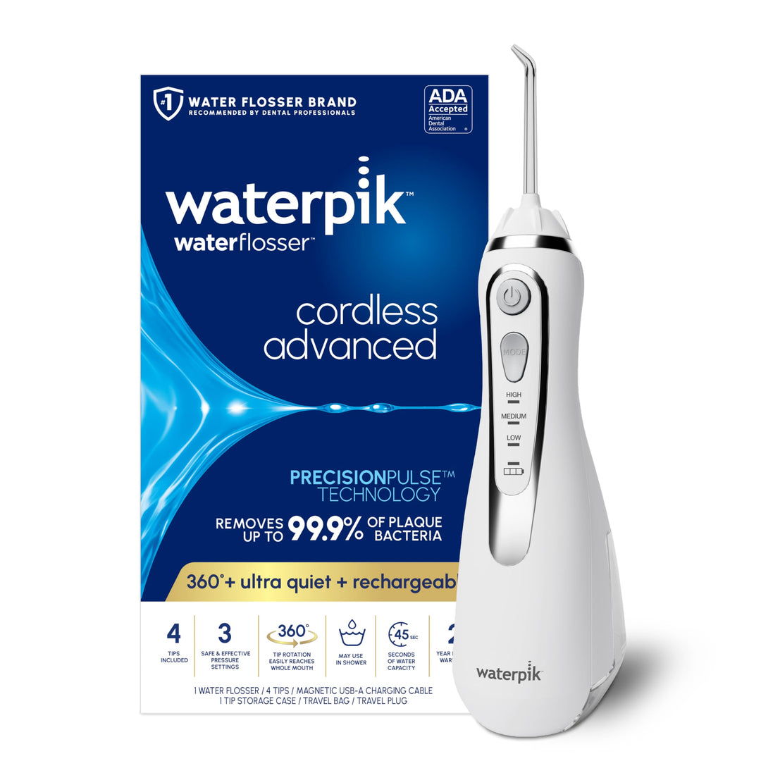 Waterpik Cordless Advanced 2.0 Water Flosser For Teeth, Gums, Braces, Dental Care With Travel Bag and 4 Tips, ADA Accepted, Rechargeable, Portable, and Waterproof, White WP-580, Packaging May Vary Retail $99.99