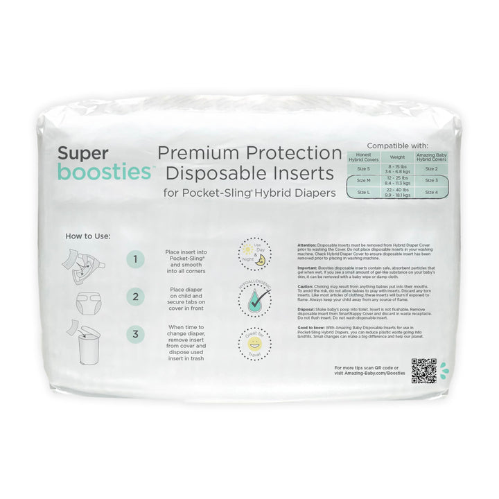 Overnight Diaper Leak Stopper, Super Boosties Disposable Inserts, Use with Pampers Sizes 4-6, Honest Hybrid Diaper Cover Sz Medium/Large, Amazing Baby Cover Sz 3/4, 4.3x13 in, 30 Count