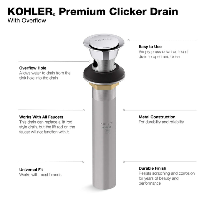 Kohler RH1464524-CP Clicker Drain with Overflow in Polished Chrome Retail $31.25