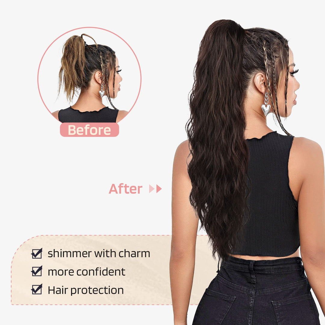 FLUFYMOOZ Ponytail Extension, 26 Inch Drawstring Ponytail Hair Extensions for Women, Long Curly Wavy Ponytail Natural Wavy Synthetic Hairpiece for Women (26 Inch Brown with Auburn)