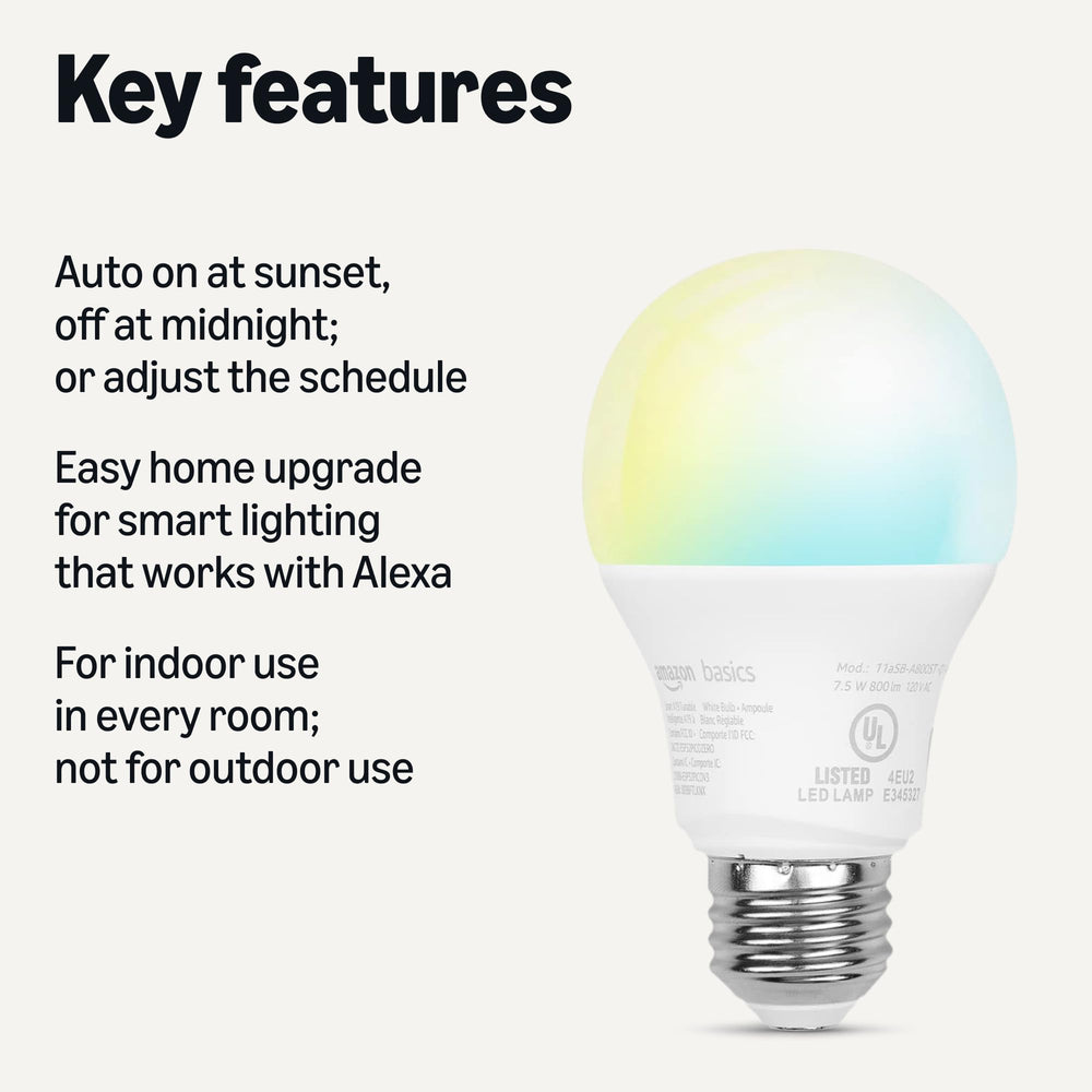 Amazon Basics Smart Indoor LED Light Bulb, Sunset-to-Midnight Activated, Works with Alexa Only, Tunable White, 7.5 W, 1-Pack Retail $11.99