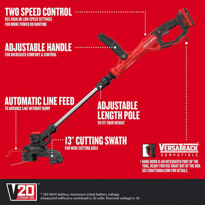 CRAFTSMAN V20 Weed Wacker Cordless String Trimmer and Edger, Weed Eater Includes 2.0 Ah Battery and Charger, Lightweight, Extended Runtime, 2 Speed (CMCST900D1) Retail $119.00