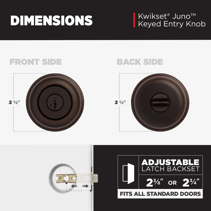 Kwikset Juno Entry Door Knob with Lock and Key, Secure Keyed Handle Exterior, Front Entrance and Bedroom, Venetian Bronze, Pick Resistant SmartKey Rekey Security and Microban
