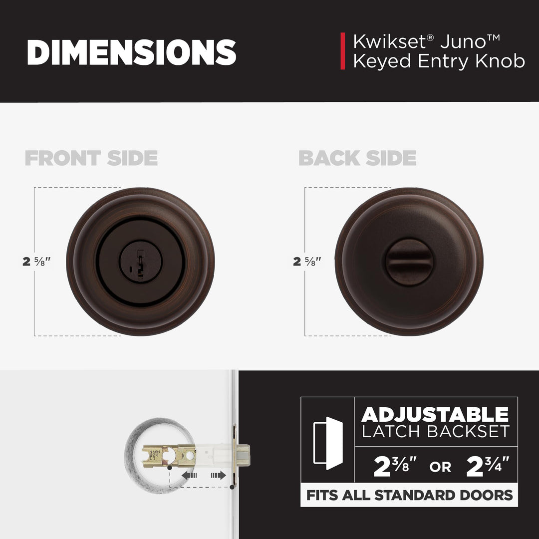 Kwikset Juno Entry Door Knob with Lock and Key, Secure Keyed Handle Exterior, Front Entrance and Bedroom, Venetian Bronze, Pick Resistant SmartKey Rekey Security and Microban