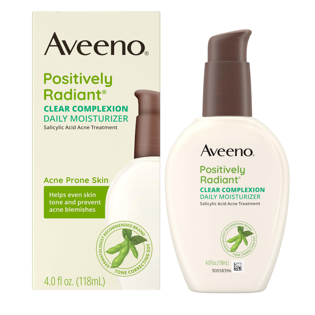 Aveeno Positively Radiant Clear Complexion Face Moisturizer, Acne Facial Moisturizer with Soy and Salicylic Acid for Oily Skin, Hypoallergenic Formula, Paraben-Free, Non-Comedogenic, Pump, 4 FL OZ