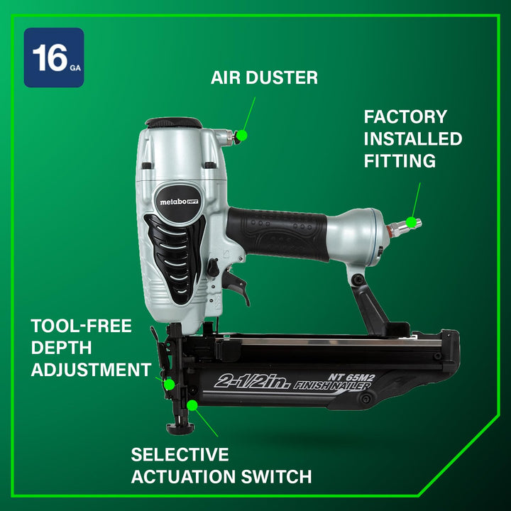 Metabo HPT Finish Nailer with Air Duster, Pro-Preferred Pneumatic Power Nailers, Ideal for Molding, Chair Rail, and Cabinetry, Lightweight 3.7 lbs, 16 Gauge, 1" to 2-1/2" Finish Nails, NT65M2S Retail $179.00