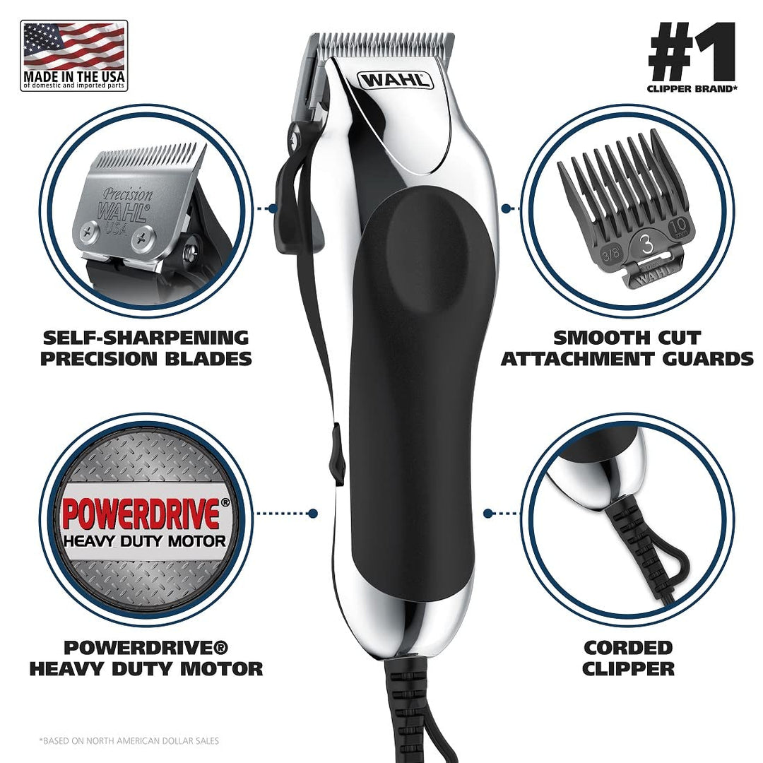 Wahl USA Chrome Pro Corded Clipper Complete Haircutting Kit for Men Ã¢â‚¬â€œ Powerful Total Hair Clipping, Beard Trimming, & Grooming - Model 3024635