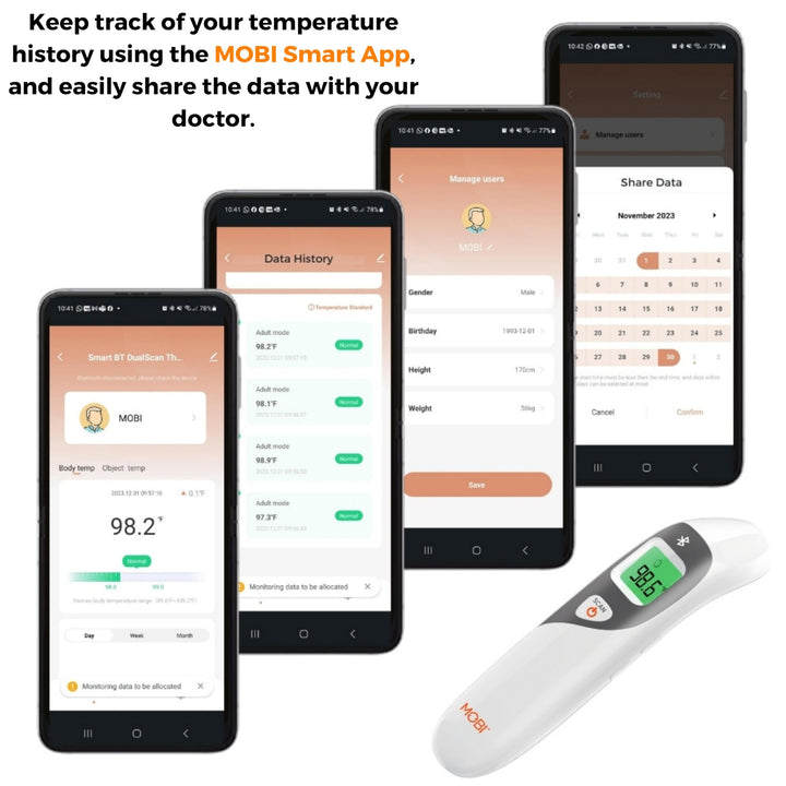 MOBI CONNECT Smart DualScan Bluetooth Ear & Forehead Thermometer - Backlit Screen, LED Fever Indicators, Memory Recall of Last 20 Readouts, Farenheit & Celsius Mode, Room Temperate with Date & Time Retail $24.00