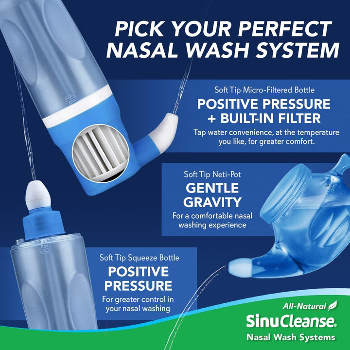SinuCleanse Soft Tip Micro-Filtered Nasal Wash System, Relieves Nasal Congestion Due to Cold & Flu, Dry Air, Allergies, 30 All-Natural Saline Packets, Made in USA