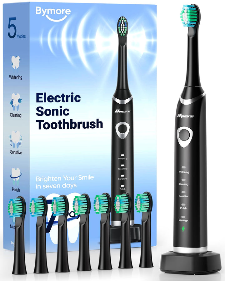 Bymore Electric Toothbrush for Adults, Sonic Rechargeable Toothbrush with 8 Brush Heads, 330-Day Battery, 5 Cleaning Modes & 2-Min Timer, Travel-Friendly Ultra Clean Design Ã¢â‚¬â€œ Black