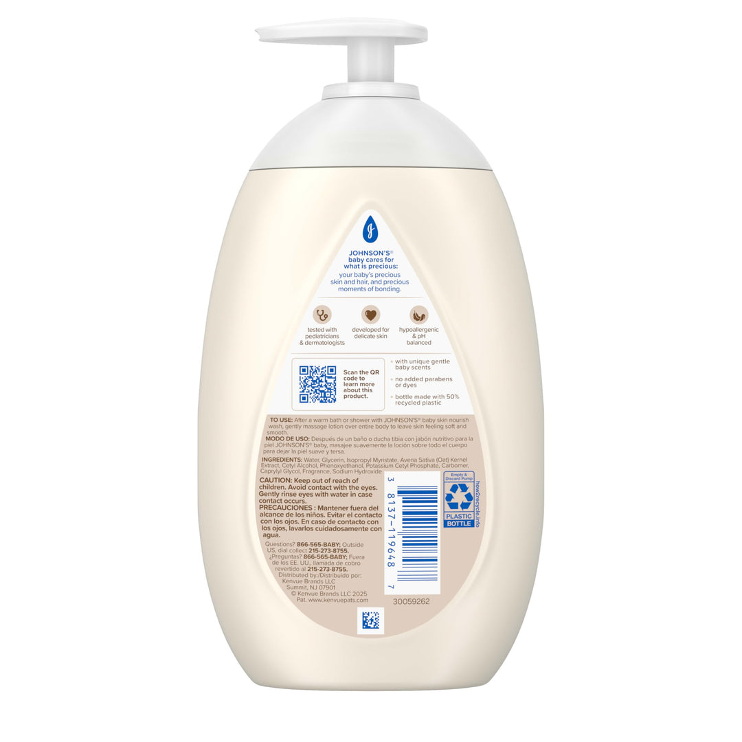 Johnson's Skin Nourishing Baby Lotion, Vanilla & Oat Scents, Hypoallergenic Baby Body Lotion for 72 Hour Hydration Until Baby's Next Bath Moisturizes & Protects from Dryness, 16.9 fl. oz