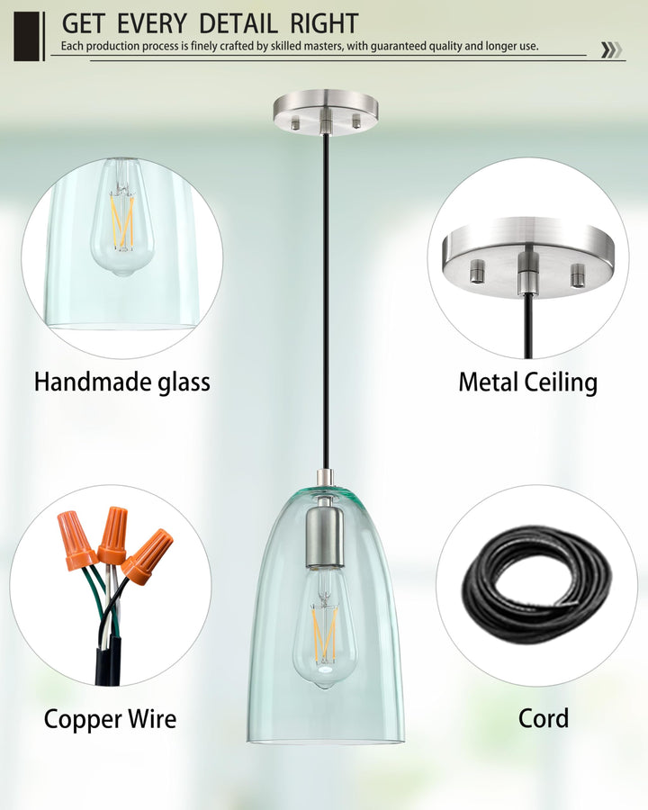 2 Pack 1 Light Indoor Hanging Kitchen Island Pendant Lights 5.3" Clear Green Glass Pendant Light Fixture,Brushed Nickel Finish Modern Farmhouse Dinning Over Sink Retail $96.99