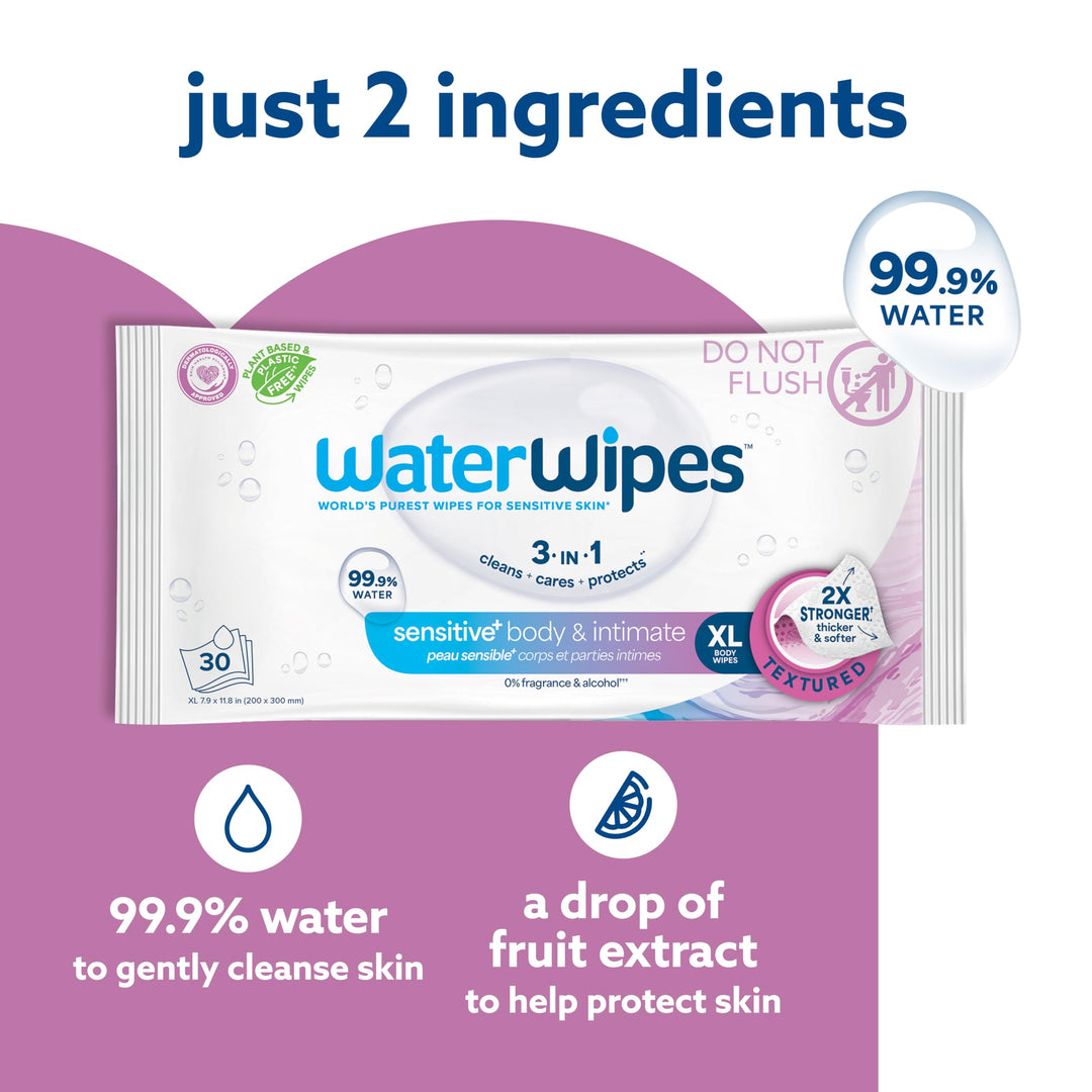 WaterWipes Sensitive+ Body & Intimate Wipes, 3-In-1 Cleans, Cares, Protects, 99.9% Water, Unscented & Hypoallergenic Hygiene Wet Wipes, Adult Care,180 Wipes (6 Packs)