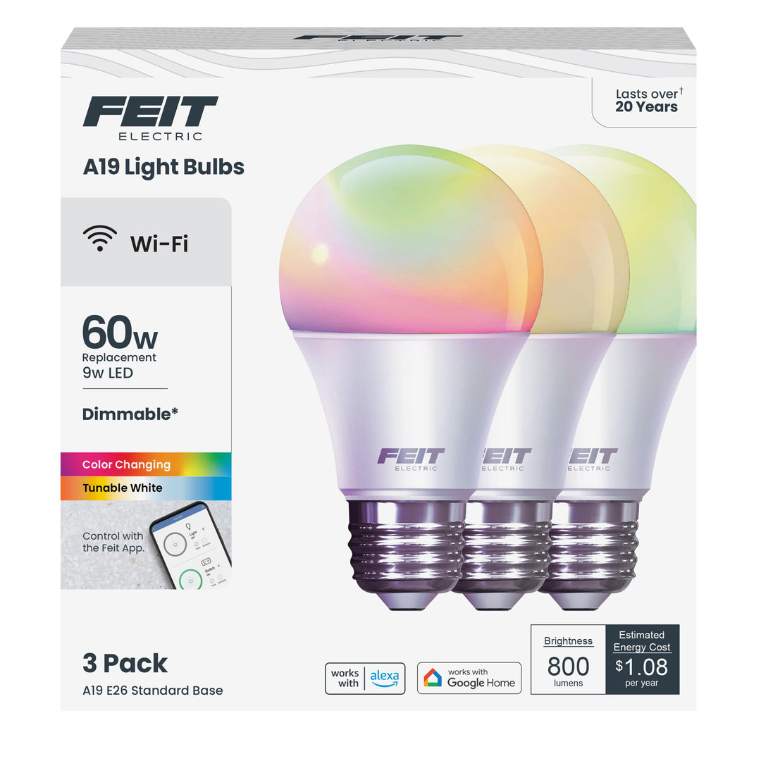 Feit Electric Smart Light Bulbs with RGBW Color Changing and Tunable White, 60W Replacement, Dimmable, Wi-fi Enabled, No Hub Needed, Works with Alexa and Google, OM60/RGBW/CA/AG/3, 3 Pack Retail $24.99