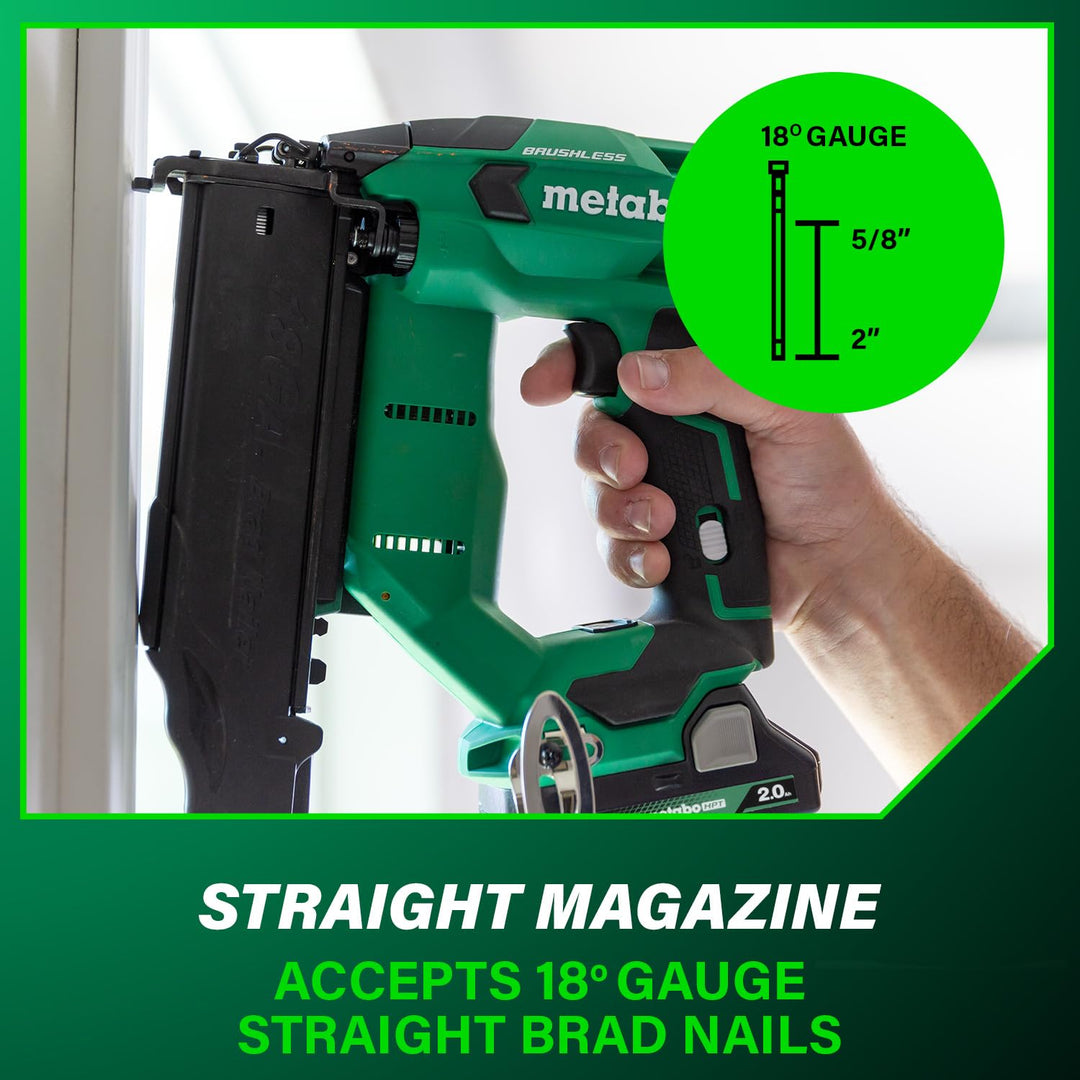 Metabo HPT 18V MultiVolt Brushless Compact Cordless Brad Nailer Kit, 18 Gauge Nailer with Power Tool 2.0Ah Lithium Ion Battery, Drives 5/8" to 2" Brad Nails, NT1850DFT Retail $349.00