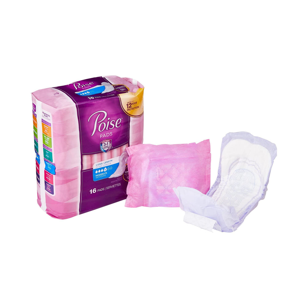 Poise Moderate Absorbency Incontinence Pads, Long, 16 Count (Pack of 6)