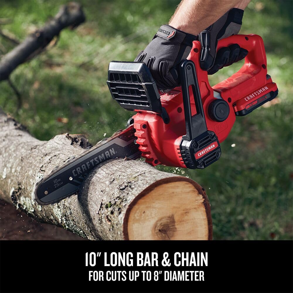 CRAFTSMAN Mini Chainsaw, 10 inch Mini Chainsaw Cordless, Electric Chain Saw, V20 Battery and Charger Included, Handheld Tree Trimmer Wood Cutter (CMCCS610D1) Retail $179.00