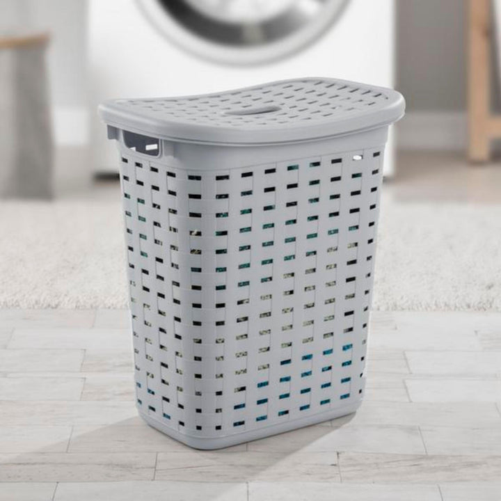 Sterilite Plastic Weave Laundry Hamper with Lid, Decorative Pattern with Handles to Carry Clothes Between the Laundry Room and Bedroom, Gray, 4-Pack Retail $11.99