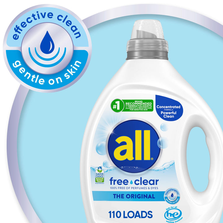 all free clear, Original, Liquid Laundry Detergent for Sensitive Skin, Unscented and Hypoallergenic, Concentrated, 82.5oz, 110 Loads
