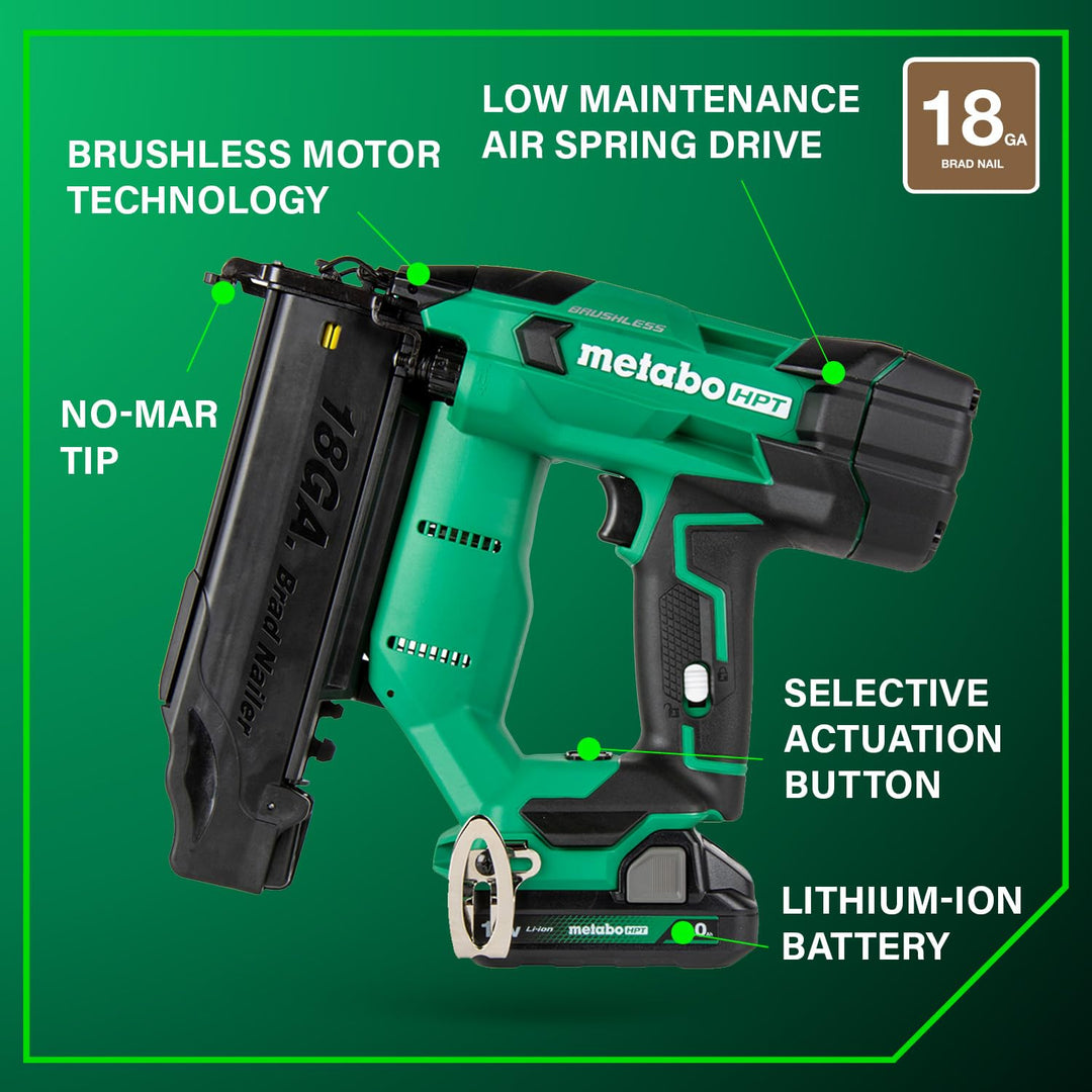 Metabo HPT 18V MultiVolt Brushless Compact Cordless Brad Nailer Kit, 18 Gauge Nailer with Power Tool 2.0Ah Lithium Ion Battery, Drives 5/8" to 2" Brad Nails, NT1850DFT Retail $349.00
