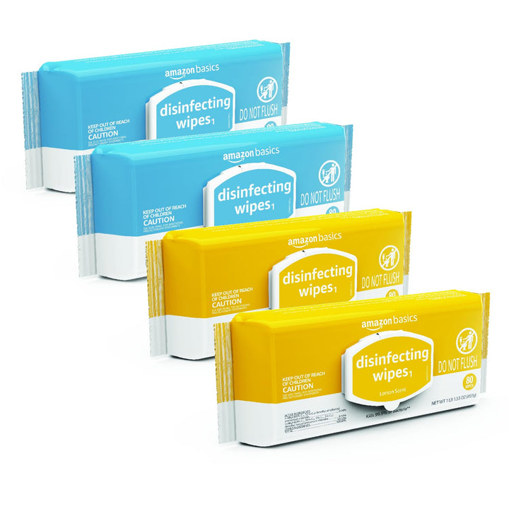 Amazon Basics Disinfecting Wipes, Lemon & Fresh Air Scent, Sanitizes/Cleans/Disinfects/Deodorizes, 320 Count (4 Packs of 80)