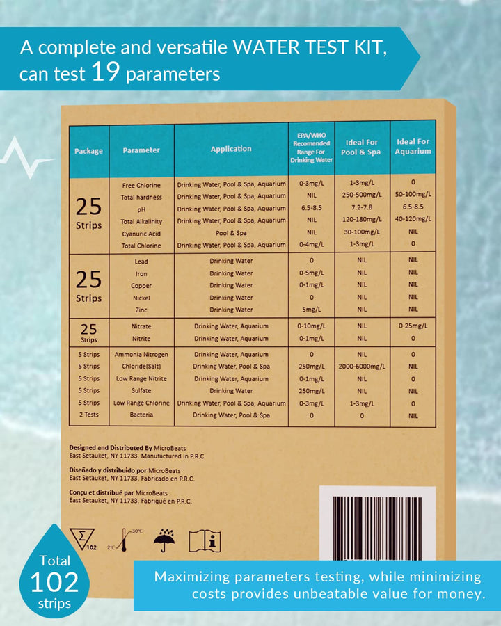 Water Testing Kits for Drinking Water, MicroBeats PRO Series 19 in 1 Water Test Kit, City Home Tap Well Water Quality Tester, 100 Strips+2 Tests for Hardness Lead pH Fluoride Iron, and More Retail $15.00