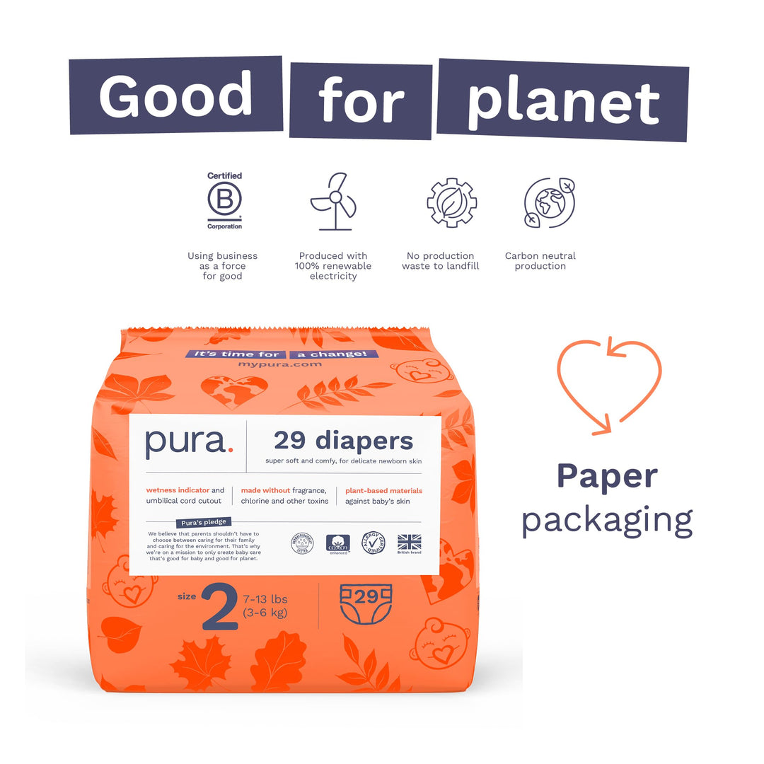 Pura Hypoallergenic Diapers, Size 2 (7-13 lbs) Totally Chlorine Free, Wetness Indicator, Suitable for Sensitive Skin, Soft Organic Cotton Comfort, Overnight, 1 Pack of 29 Baby Diapers