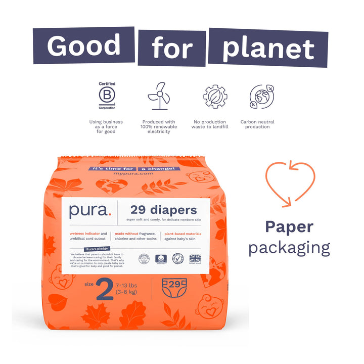 Pura Hypoallergenic Diapers, Size 2 (7-13 lbs) Totally Chlorine Free, Wetness Indicator, Suitable for Sensitive Skin, Soft Organic Cotton Comfort, Overnight, 1 Pack of 29 Baby Diapers