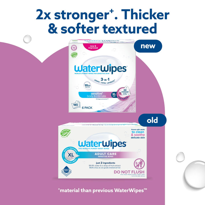 WaterWipes Sensitive+ Body & Intimate Wipes, 3-In-1 Cleans, Cares, Protects, 99.9% Water, Unscented & Hypoallergenic Hygiene Wet Wipes, Adult Care,180 Wipes (6 Packs)