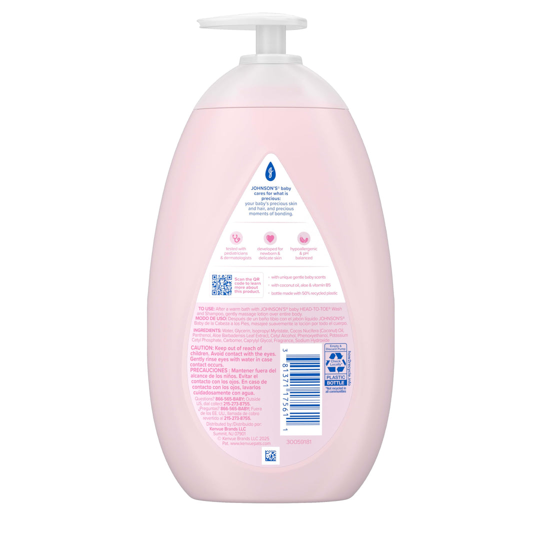 Johnson's Baby Lotion with Coconut Oil, Aloe Vera & Vitamin B5, 72 HR Hydration, Skin Moisturizer, Hypoallergenic, Safe for Newborn, Protects From Dryness &; Strengthens Skin, 27.1 fl. oz