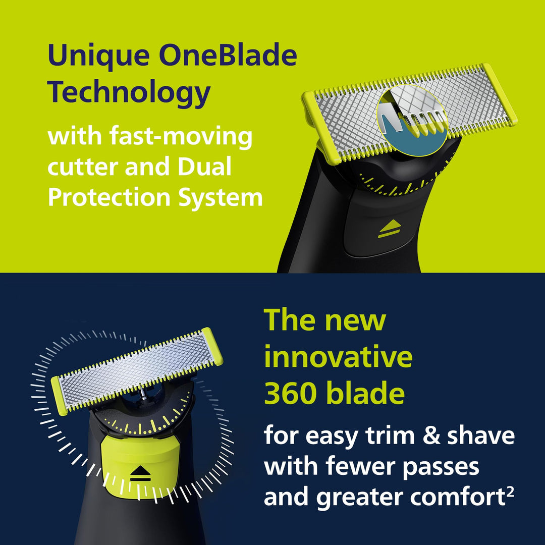Philips Norelco OneBlade Pro 360 Face + Body, Electric Shaver, Beard Trimmer and Body Groomer, with 360 Blade Technology, 14-Length Precision Comb, Body Kit, Soft Pouch, Model QP6542/70