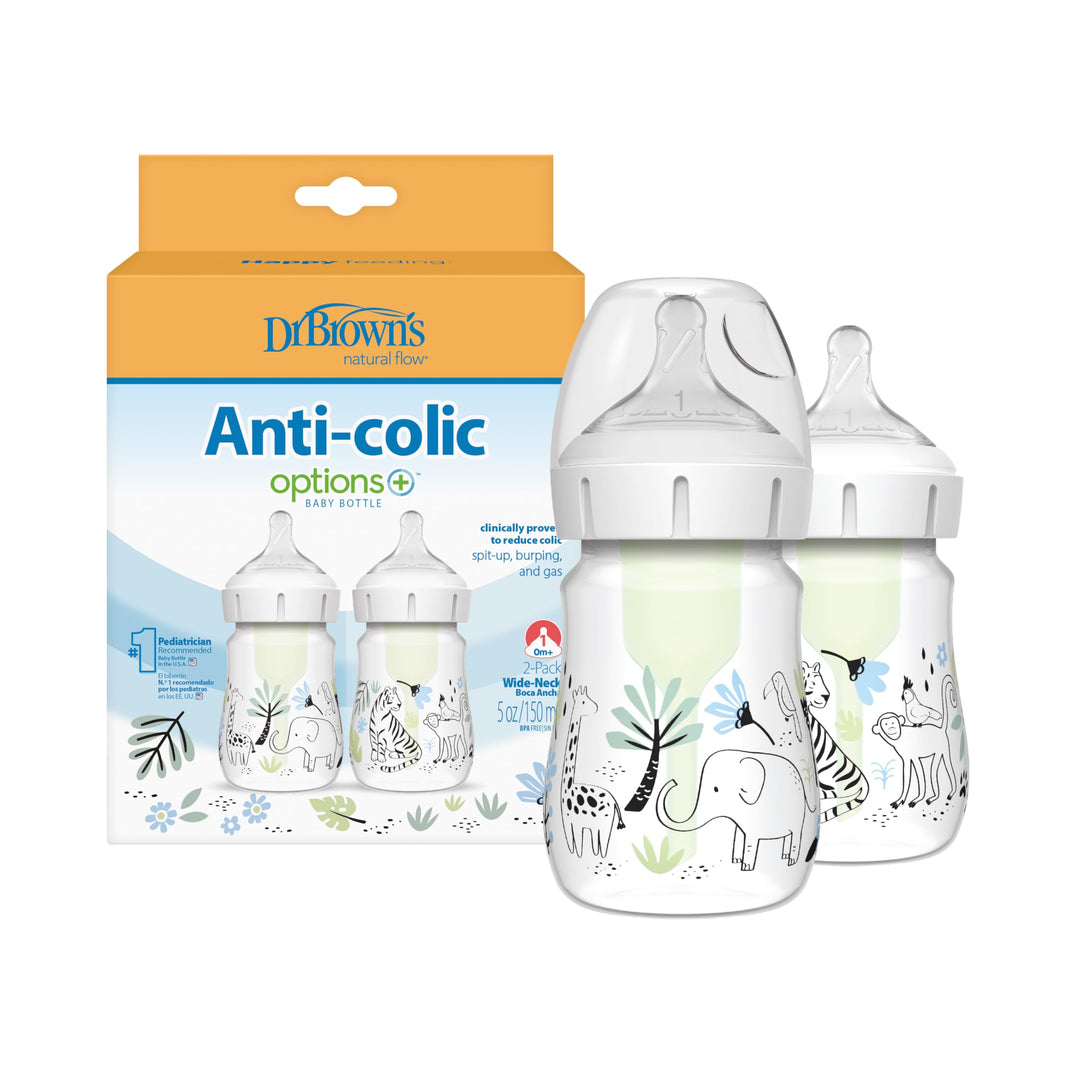Dr. Brown's Anti-Colic Options+ Wide-Neck Baby Bottle Designer Edition Bottles, Jungle Decos, 5 oz/150 mL, Level 1 Nipple, 0m+, 2-Pack