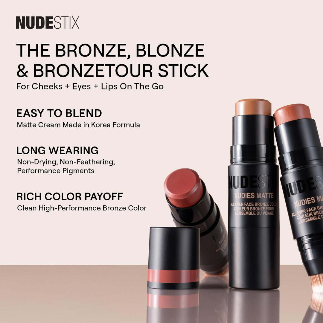 Nudestix Nudies Bronze All Over Matte Bronzing Stick Ã¢â‚¬â€œ 3-in-1 Cream Bronzer for Cheeks, Eyes & Lips with Built-In Brush | Natural Contour & Sun-Kissed Glow | Bondi Bae