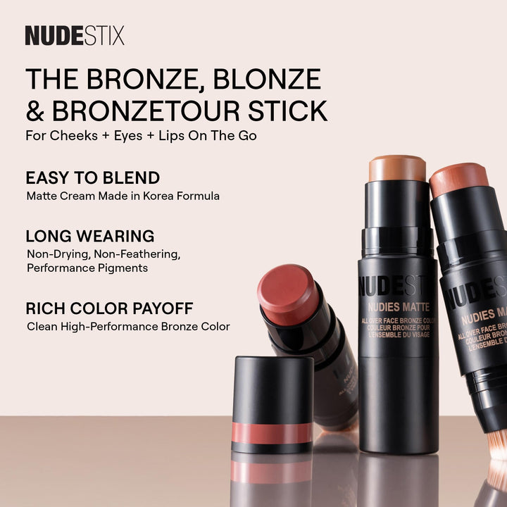 Nudestix Nudies Bronze All Over Matte Bronzing Stick Ã¢â‚¬â€œ 3-in-1 Cream Bronzer for Cheeks, Eyes & Lips with Built-In Brush | Natural Contour & Sun-Kissed Glow | Bondi Bae