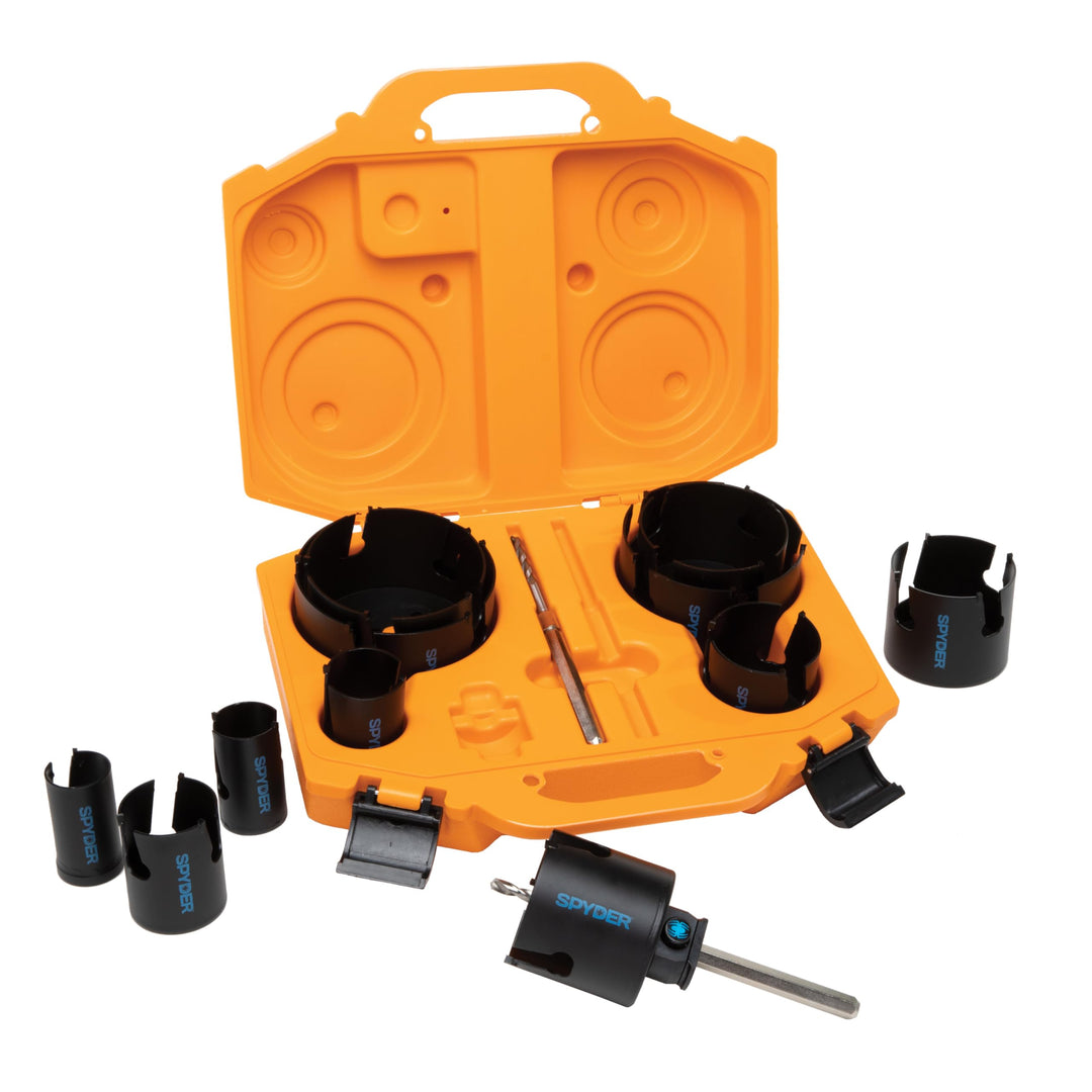 Spyder 14-Piece Carbide Tipped Deep Cut Hole Saw Kit, 11 Hole Saws, 1 Arbor, and 2 Pilot Bits, Rapid Core Eject Arbor System Retail $149.99
