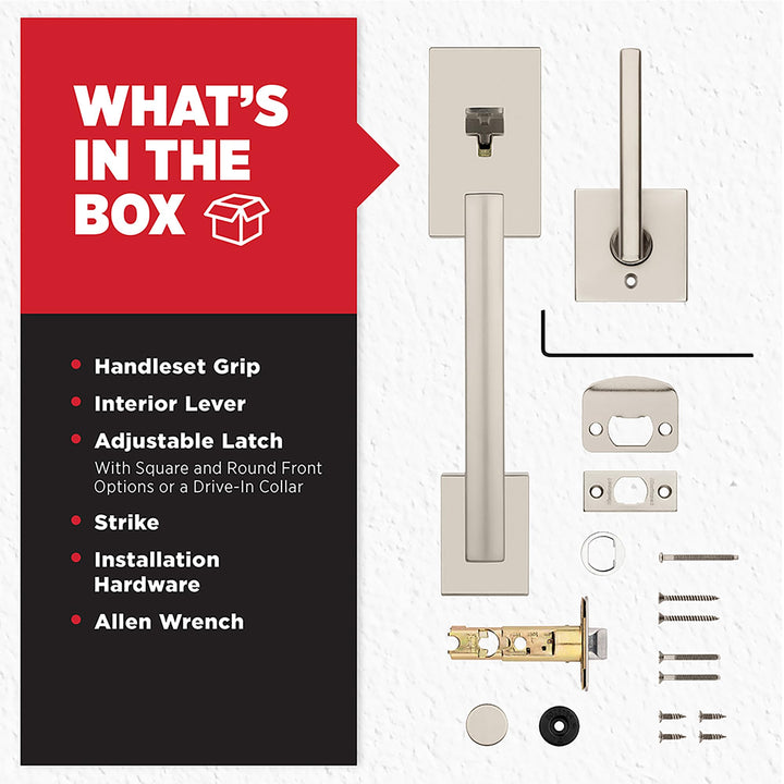 Kwikset San Clemente Front Door Handle No Lock, Entry Handleset Exterior with Interior Reversible Handed Lever, Non-Locking, Satin Nickel, Deadbolt Not Included, with Microban Protection Retail $120.00