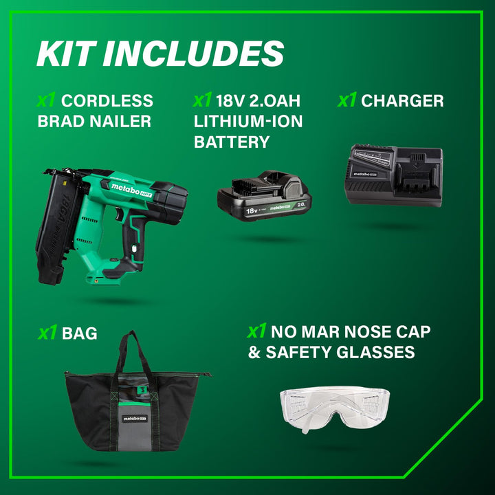 Metabo HPT 18V MultiVolt Brushless Compact Cordless Brad Nailer Kit, 18 Gauge Nailer with Power Tool 2.0Ah Lithium Ion Battery, Drives 5/8" to 2" Brad Nails, NT1850DFT Retail $349.00