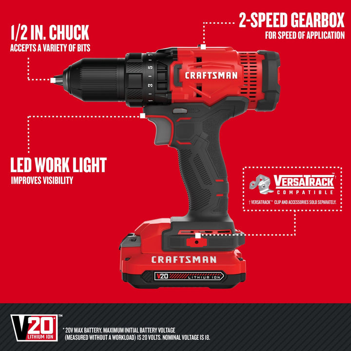 CRAFTSMAN V20 Cordless Drill/Driver Kit, 1/2 inch, Battery and Charger Included (CMCD700C1) Retail $99.00