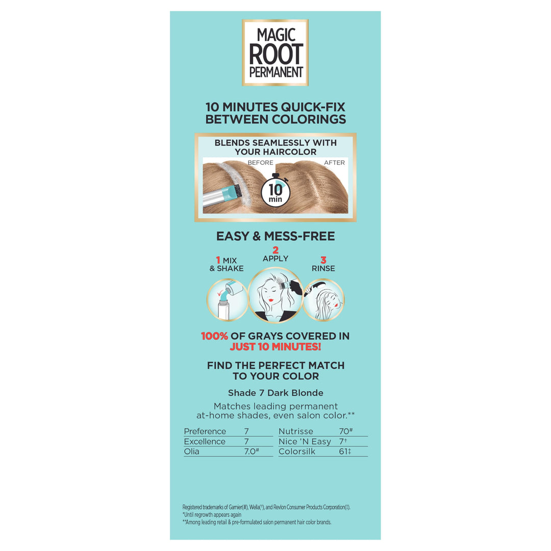 LÃ¢â‚¬â„¢Oreal Paris Magic Root Rescue 10 Minute Root Hair Coloring Kit, Permanent Hair Color with Quick Precision Applicator, 100 percent Gray Coverage, 7 Dark Blonde, 1 kit (Packaging May Vary)