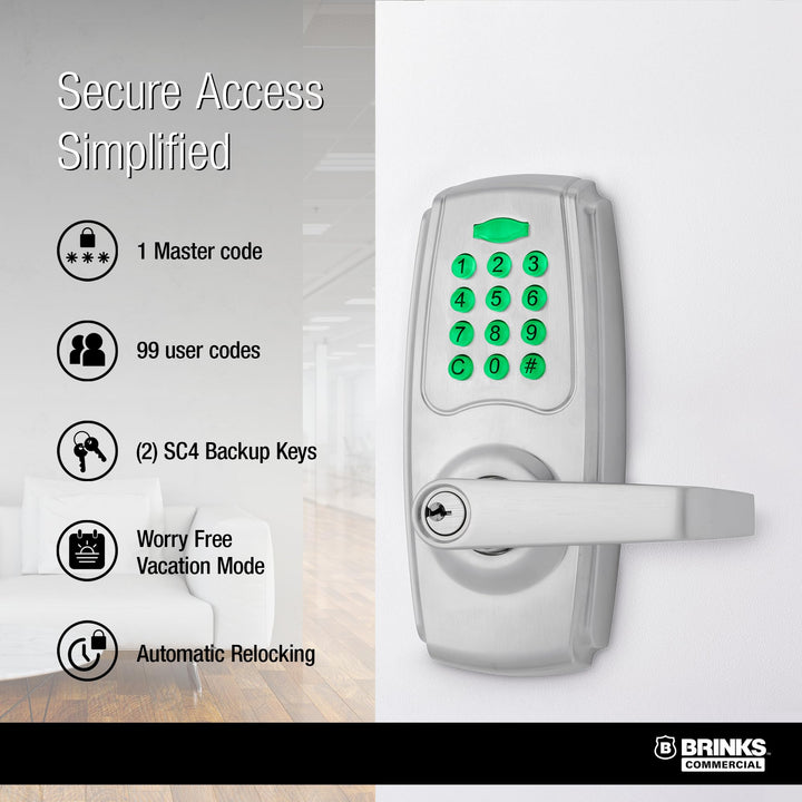 BRINKS ANSI Grade 2 Keypad Door Lock with Handle for Commercial & Residential Use, Keyless Entry Door Lock, 99 User Codes, Auto-Relock, Battery with Backup Keyway (Satin Nickel) Retail $156.84